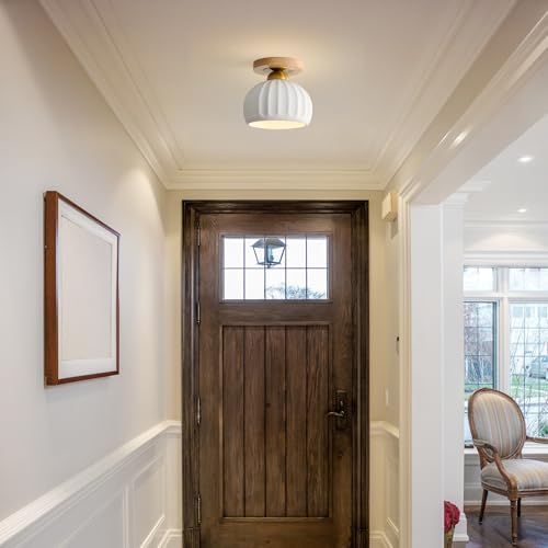 Ceramic Semi Flush Mount Ceiling Light - 2 Pack, Vintage Wood Gold Hallway Light Fixtures, White Globe Ceiling Lights,Mid Century Small Chandelier Light Fixture for Cottage Entryway Laundry Room Foyer - color: Frosted Ceramic-Wood