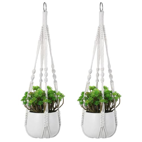 White Macrame Plant Hanger Set, 2 Pack Boho Hanging Plant Holder, Plants Hanger for Indoor Outdoor Home Decoration, 21 Inchs Braided Cotton Hanging Planters for Indoor Plants, No Tassels