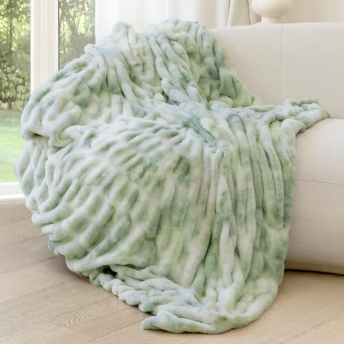 Faux Rabbit Fur Throw Blanket, Ultra Soft Plush Cozy Blanket for Couch Bed, Thick Fluffy Ruched Tie-Dye Decorative Blanket, Giftable,50"x60",Tie-Dye Sage - color: Tie-dye Sage, size: Throw(50"x60")
