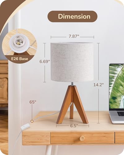 EDISHINE Tripod Table Lamp, Small Cute Bedside Lamp with Linen Beige Lampshade, Nightstand Lamp for Nursery, Bedroom, Kid Room, Living Room, Light Brown Wooden Base, E26 Socket, 14.2 Inch - style: Bohemian