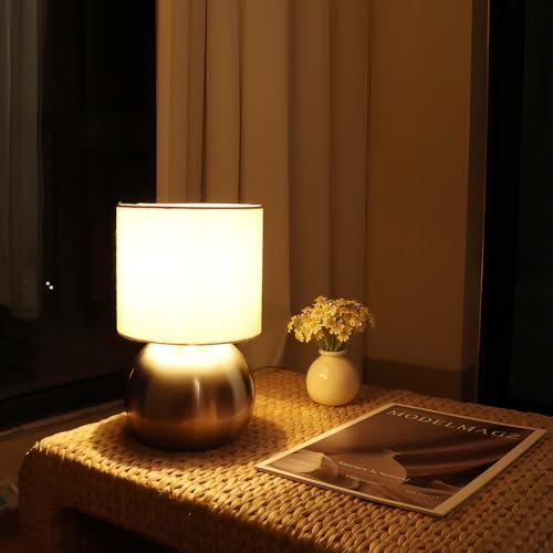 Modern Golden Small Table Lamp with Cotton Linen Shade, 6.2×6.2×10.4 inch LED Desk Light, One-Button Switch for Bedroom, Living Room, Nightstand, Includes Warm Light Bulb - color: Golden, size: Pack of 1