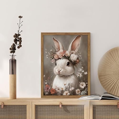 Framed Vintage Easter Bunny Wall Art, White Bunny with Flower Crown Canvas Prints, Cottage Farmhouse Animal Artwork, Rustic Easter Wall Decor for Kids Room Girls Bedroom Living Room 12x16in - color: Easter Bunny, size: 16"L x 12"W