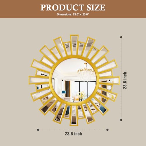 23.6" Sunburst Round Mirror, Gold Sun Decorative Wall Mirror, Design for Fireplace Mantel Foyer Entryway Bedroom, Modern Glam Sunflower Wall Art | Easy Hanging Wall Decor for Living Room - color: Sunflower Gold