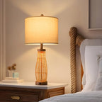OYEARS 28" Table Lamps Set of 2 with Dual Night Lights, Bedside Lamps for Bedroom, Boho Lamp for Living Room, Rattan Table Lamp with Linen Shade, Farmhouse Lamp with Wood Grain Finish (Bulb Included) - color: Antique Brown