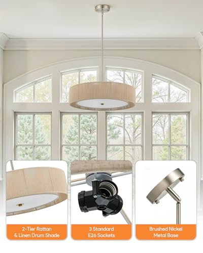 VONLUCE 20" Boho Rattan Chandelier, 4-Light Drum Chandelier with 2-Tier Woven Lampshade, Rattan Ceiling Light for Dining Room Bedroom Living Room with E26 Sockets, Nickel Finish, ETL Certified - color: Nickel, size: 20inch