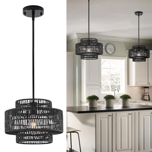 12.4” Black Boho Rattan Chandelier Light Fixture, 1-Light Hand Woven Pendant Light Fixture Farmhouse Rustic Hanging Lamp for Kitchen Island Bedroom, Dining Room, Living Room, Entryway, Foyer - color: Black, size: 12.4" 1-Light
