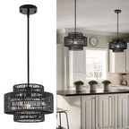 12.4” Black Boho Rattan Chandelier Light Fixture, 1-Light Hand Woven Pendant Light Fixture Farmhouse Rustic Hanging Lamp for Kitchen Island Bedroom, Dining Room, Living Room, Entryway, Foyer - color: Black, size: 12.4" 1-Light
