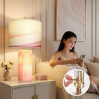 Scenekoy 23" Alabaster Table Lamp Set of 2 with Night Light for Bedroom Living Room, Rotary Switch, Pink Modern Table Lamp with Linen Shade, Nightstand Lamps for Room Bedside Office (Bulb Included) - color: Pink