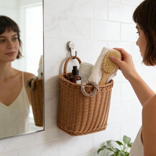Wall Basket Decor | Farmhouse Flower Storage Ornament | Woven Artificial Rattan Decorative Wall Baskets | For Indoor Outdoor Kitchen Nursery Front Door Home