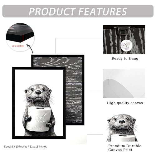 LBTZEVIR Framed Black and White Bathroom Wall Art Funny Otter Holding Toilet Paper Framed Canvas Wall Art, Black and White Bathroom Decor, 8x10 Inches for Bathroom or Powder Room - color: Black and White, size: 8"L x 10"W