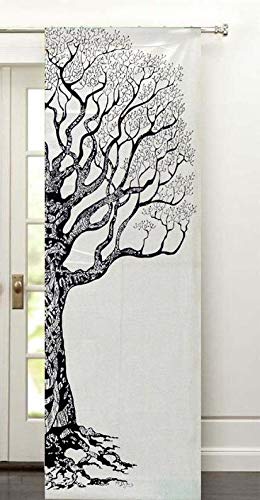 Indian Mandala Tree of Life Cotton Window Door Curtains Handmade Door Curtains Wall Hanging Hippie Balcony Wall Drapes Boho Window Treatment Decor Room Divider Sheer Wall Panel - color: White, size: 52"W x 82"L (Pack of 1)