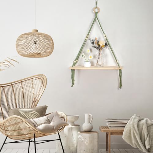 HVEST Macrame Shelf Wall Hanging Rustic Wood Floating Storage Shelf for Bedroom Bathroom Living Room Nursery Dorm Apartment Handmade Woven Tapestry Modern Minimalist Wall Art Macrame Plant Hanger - color: Green White