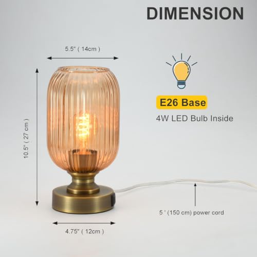 Mid Century Glass Table Lamp,Dimmable Desk Lamp,LED Bulb Included,Touch Control & USB A+C Port,Cognac Amber Ribbed Glass - color: Amber Ribbed, size: USB + Touch