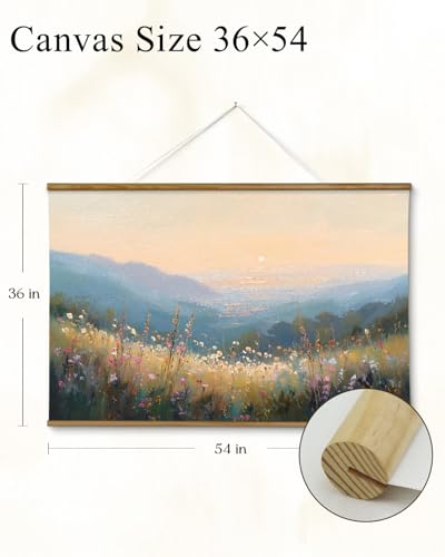 VIYYIEA Extra Large Size Canvas Wall Art, 36x54 Inch Sunset Mountain Valley with Wildflowers Scroll Painting, Oversized Landscape Wall Hanging for Living Room, Bedroom, or Cabin Decor - color: Sunlit Hills Beyond the Blooming Flowers