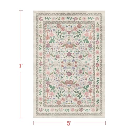 Deerly Floral Area Rugs 5x7 Vintage Boho Washable Non-Slip Living Room Carpet Soft Low Pile Thin Bedroom Floor Mat Indoor for Dining Room Playroom Nursery Farmhouse, Beige/Light Pink/Multi - color: Beige/Light Pink/Multi, size: 5' x 7' (Rectangular)