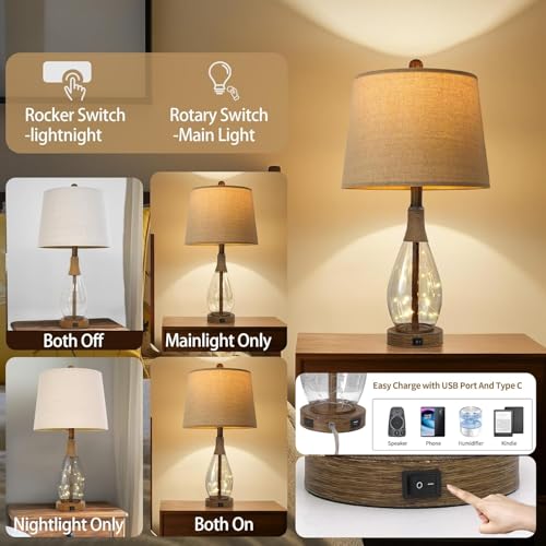 OYEARS Bedside Table Lamps Set of 2 with USB, Modern Bedside Lamps Retro Farmhouse Rattan Glass Nightstand Nightlight Lamps for Bedroom Living Room Dorm,Two Light Points - color: Wood-Like