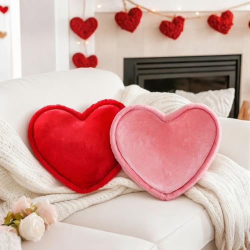 Roowest 2 Pack Valentine's Day Velvet Heart Pillows Soft Decorative Cute Love Fringe Throw Pillow Back Cushion for Girls Women Bed Sofa Couch Living Room Home Decor Wedding Gift(Red Pink)