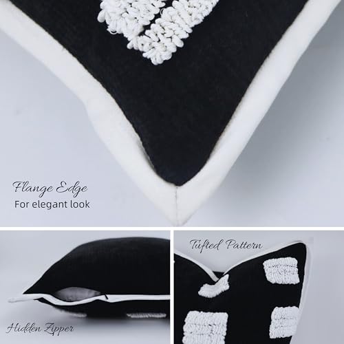 Tufted Boho Throw Pillow Cover, Soft and Luxurious Chenille Fabric, 18x18 inches, Decorative Black and White Pillowcase for Couch, Bedroom, Living Room, Modern Pillowcase for Home Decor - color: Black Base With White Textured Rectangles
