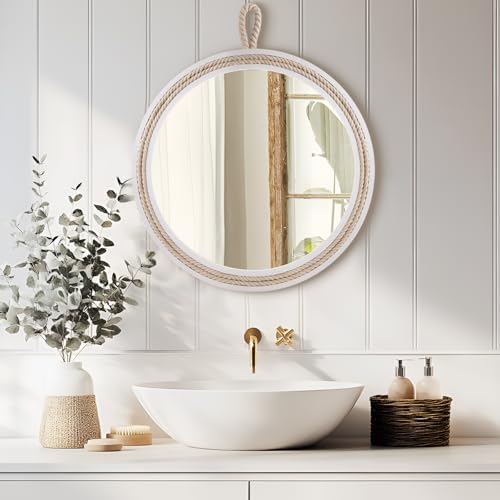 Nautical Round Wall Mirror with Rope 20'' White Circle Hanging Mirror Nursery Coastal Beachy Wall Mirror Decorative Mirror for Bathroom,Livingroom,Entryway-Nautical Theme Décor - size: 20"L x 20"W