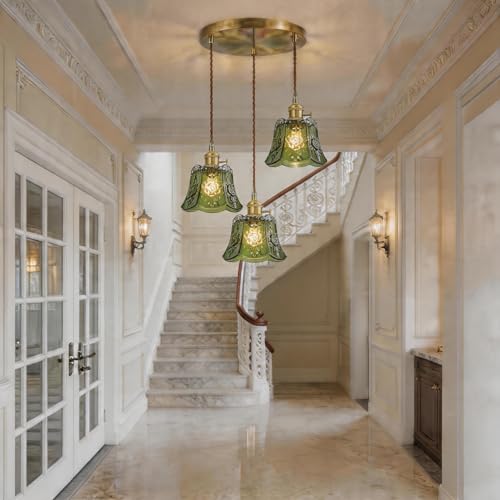 Green Wind Chime Glass Pendant Light, 3 Natural Light Bulbs Included, Adjustable Cord with Switch, Hanging Lamp for Kitchen Island/Dining Room - color: Green 3pcs Flower Pendant Light