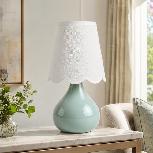 14" Cordless Table Lamp, Rechargeable Ceramic Bedside Lamp with Magnetic LED Bulb, Stepless Dimmable & 3 Colors, Battery Operated Aesthetic Lamp for Bedroom, Living Room, Patio (Green)