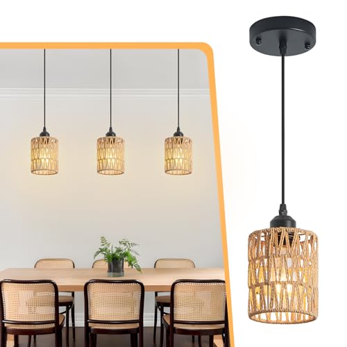 3 Pack Rattan Chandelier Pendant Lights Kitchen Island,Farmhouse Boho Chandeliers Adjustable Height Hanging lamp for Dining Room,Kitchen Ceiling Light Fixtures with Hand Woven Wicker Lampshade - size: 3 Pack