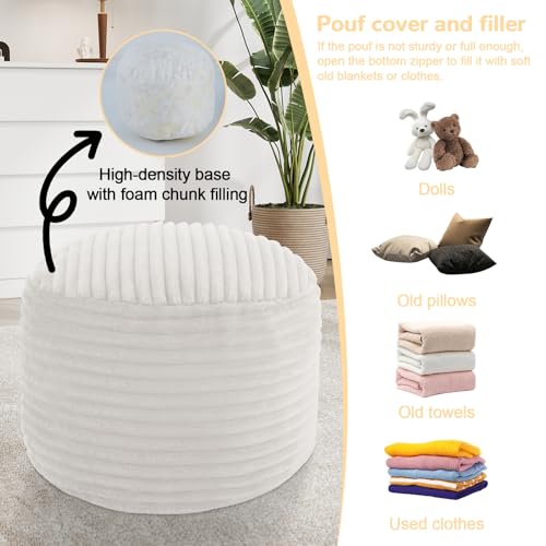 MeMoreCool Stuffed Round Pouf Ottoman Foot Rest, Soft Plush Floor Pouf Foot Stool, Corduray Footstool Footrest, Small Round Ottoman for Living Room Couch Sofa Chair, 20x15 Inch Beige - color: Ribbed Beige