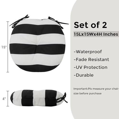 Bistro Chair Cushions 15 inch,Set of 2,Tufted Round Chair Cushions with Ties,15"x15"x4",Water Resistant Round Seat Cushion for Barstool Chairs,Patio Garden Kitchen Outdoor Furniture(Black and White) - color: Black White, size: 15"x15"