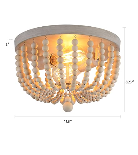 Q&S Boho Chandelier Wood Beaded Flush Mount Ceiling Light Fixtures for Nursery Baby Bedroom Kitchen Hallway,Oak White Finish,2-Lights - color: Ceiling-2OAK