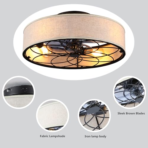 20" Caged Ceiling Fan With Light Low Profile Fabric Farmhouse Bladeless Ceiling fan With Remote Control,Low Profile Modern Enclosed Ceiling Fans with Reversible Motor for Bedroom,Include 4 Bulbs - color: Brown