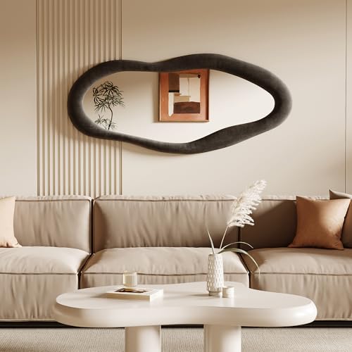 Honyee 55" x 24" Wavy Mirror, Flannel Wrapped Wooden Frame, Irregular Hanging for Cloakroom/Bedroom/Living Room, Black - color: Black, size: 55"L x 24"W