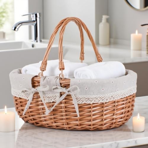 Large Wicker Picnic Basket with Handles,Handle Sturdy Woven Body with Removable and Washable Lining,Outdoor Camping,Gift Packing,Garden Picking, Storage.White Flower - color: White Flower