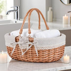 Large Wicker Picnic Basket with Handles,Handle Sturdy Woven Body with Removable and Washable Lining,Outdoor Camping,Gift Packing,Garden Picking, Storage.White Flower - color: White Flower