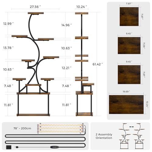 Plant Stand Indoor with Grow Lights - 9-Tier Curved Plant Stand, Tall Metal and Wood Indoor Plant Shelf with Unique Arched Design, Multi-Tier Flower Pot Holder Rack with Waterproof Finish, 63" Tall for Living Room, Balcony, and Garden - size: 3C