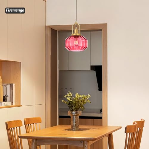 9in Mid Century Modern Pendant Light, Gold Small Wine Red Glass | Vintage Lighting Fixture Ceiling Hanging Lamp for Kitchen Island Foyer Dining Room Bedroom Entryway Hallway Over Sink Table - color: Wine Red & Gold Hardwire, size: 9in