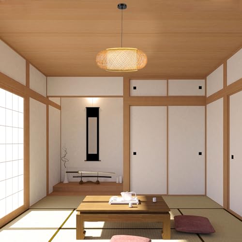 Rattan Lantern Pendant Light, 23.5" Retro Ceiling Light 40W Bamboo Wicker Fixture 60CM Vintage Weaving Pendant Lamp Chandelier Rattan Hanging Lights Fixture for Kitchen Island Living Room Bedroom