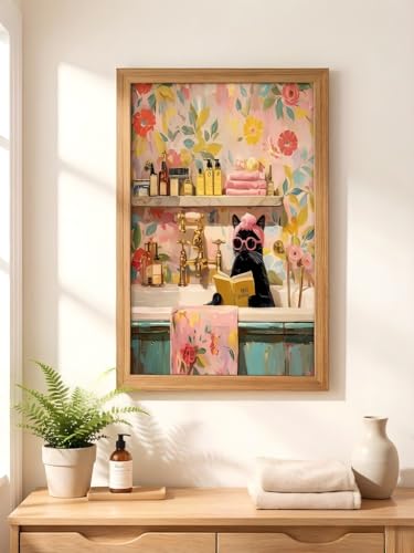 LBTZEVIR Funny Black Cat Bathroom Wall Art Framed Cat Canvas Wall Decoration Painting Pink Wall Art for Bedroom Office Bathroom Wall Decor Aesthetic Home Artwork Girls Room with Framed 12" × 16" - color: Pink Cat, size: 16"L x 12"W