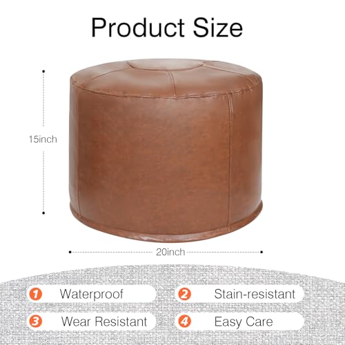 Unstuffed Ottoman Pouf Cover 20 X 15 Inch, Round Pu Leather Foot Stool, Floor Bean Bag(No Filler), Foot Rest with Storage for Living Room/Bedroom/Office, Brown - color: Brown