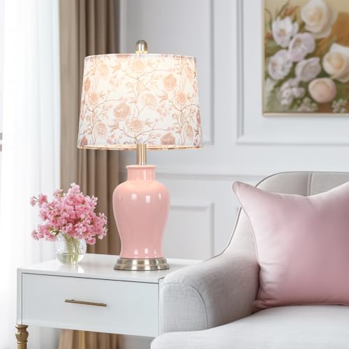 Ruzectt Pink Ceramic Table Lamp with Flower Lampshade, 23" Cute Bedroom Lamp with Ginger Jar Design, Modern Living Room Lamps Set 2, Elegant Bedside Lamps for Nightstand End Table Home Decor - color: Pink-Flower Lampshade