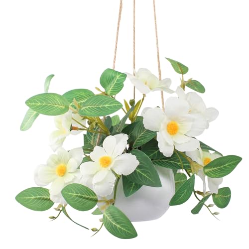 Artificial Fake Hanging Flowers Faux Daisy Plants Basket for Outdoor Flower Decor Party Exhibition Center Wedding Home Decoration- White - color: White