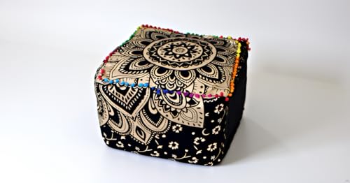 CRAFT KALA Mandala Meditation Floor Pillows Cover Square Pillow Seating Hippie Decorative Adults Bohemian Cushion Cover Outdoor Living Room Throw Ottoman Poufs Cover 18X18X14 inches, Black Gold Flower - color: Black Gold Flower
