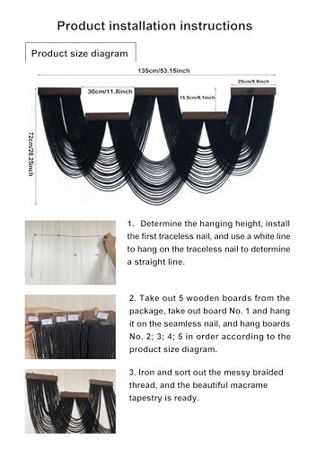 HVEST Large Macrame Wall Hanging Boho Decor, Black Bohemian Macrame Wall Art Geometric Modern Craftsmanship Handmade Woven Tapestry for Bedroom Living Room Backdrop, 53W x 28L inches - color: Black Brown
