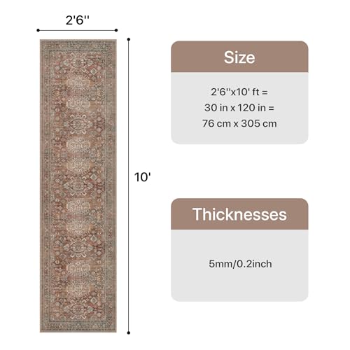 Bavni Washable Runner Rug 2’6”x10’, Non Slip Long Hallway Runner, Vintage Aesthetic Ultra Thin Low Pile Washable Carpet for Kitchen Bedroom, Brick - color: Brick, size: 2'6" x 10' (Rectangular)