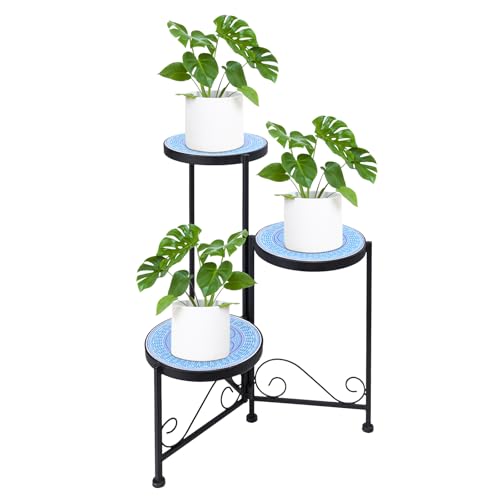 3 Tier Mosaic Ceramic Top Plant Stand, Foldable Wrought Iron Flower Pot Holder, No Assembly Required Space Saving Plant Shelf for Indoor Outdoor Patio Garden Balcony Decor