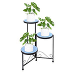 3 Tier Mosaic Ceramic Top Plant Stand, Foldable Wrought Iron Flower Pot Holder, No Assembly Required Space Saving Plant Shelf for Indoor Outdoor Patio Garden Balcony Decor