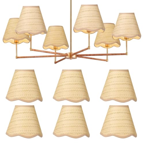 Tuanse 6 Pcs Boho Rattan Lamp Shade Scalloped Empire Shaped Clip on Chandelier Shade 3" x 6" x 5" Replacement Rustic Barrel Lighting Cover for Kitchen Dining Living Room Table Wall Chandelier - color: Beige, size: Rattan, style: Bohemian