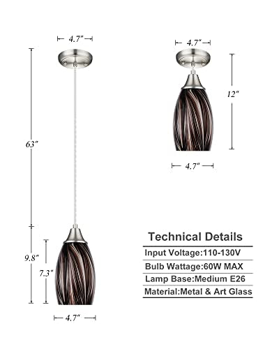karyfine Mini Pendant Lights Kitchen Island,Blown Art Glass Pendant Light Fixtures with Brush Nickel Finish Coffee Brown Hanging Lamp Shade for Kitchen Over Sink,Hallway,Bathroom Dining Room - color: Coffee Brown-1Pack