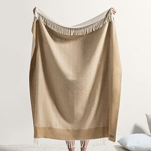 Lands Downunder All-Season, Luxury Caramel Border Herringbone Throw – Soft Woven Throw with Decorative Fringe – Made in Italy – 51”W x 67”L - Perfect for Gifting - color: Caramel