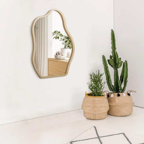 Irregular Mirror for Wall Gold Modern Asymmetrical Large Mirror Wooden Framed Hanging Wall Mirror Unique Shape Vanity Cloud Mirror Decor Decorative for Bedroom Bathroom Living Room Entryway - color: Bling Gold, size: 26"L x 18"W