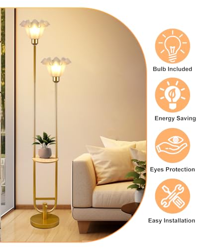 Flower Floor Lamps with Table, 2-Lights Dimmable Floral Floor Lamp, 3000K Warmwhite Modern Floor Lamp, Vintage Gold Standing Lamp with 5Lbs Heavy Base for Living Room Bedroom Girls Room - color: 2 Flower-Gold